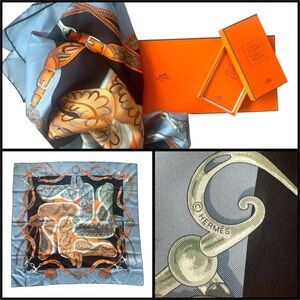 Hermès Festival des Amazones Silk Scarf 90 Blue Orange w/ Box & Knotting Cards